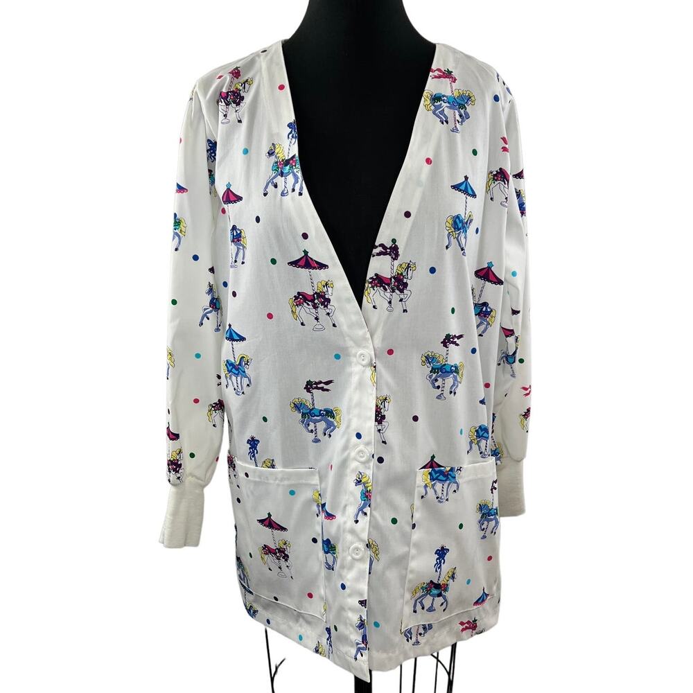Landau White Scrub Top Cotton Carousel Long Sleeve Button Front Size M Med NEW